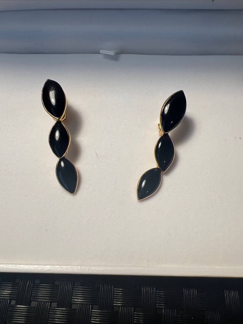 Vintage Gold-Trim Black Marquise Drop Earrings dangle screw back